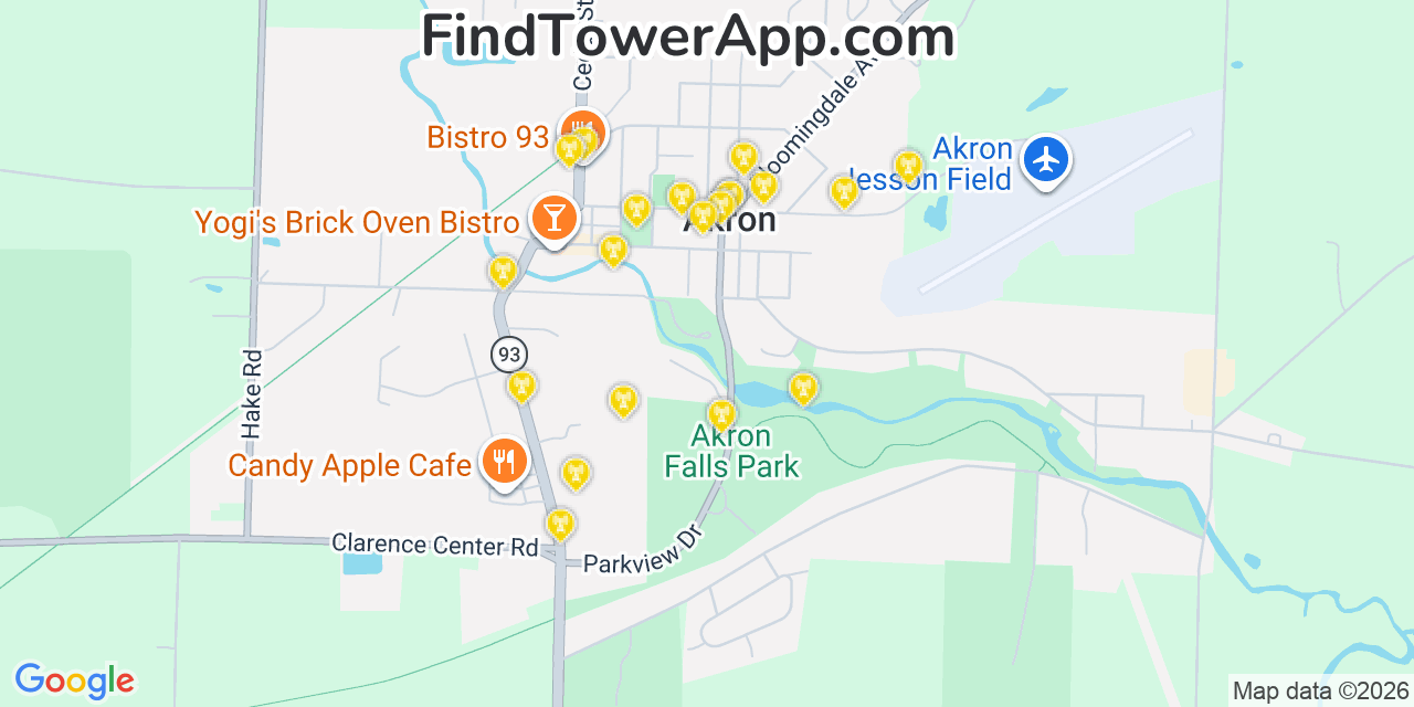 Map showing the 20 primary cell tower locations detected in Akron, New York from AT&T, Verizon, and T-Mobile networks