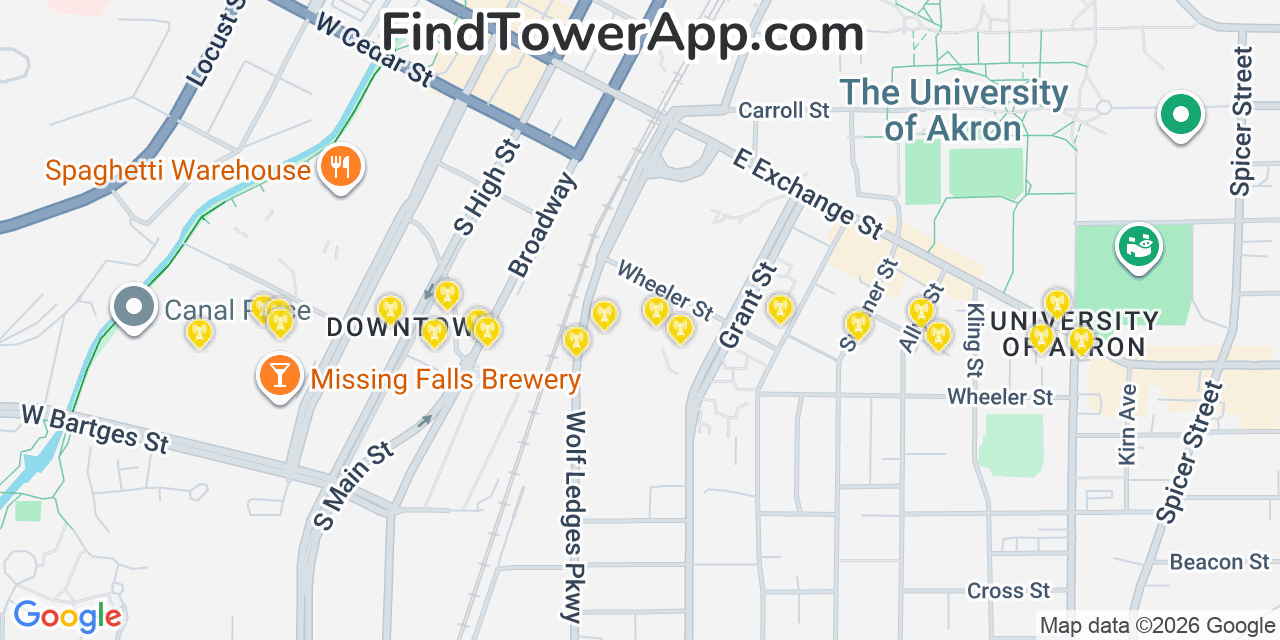 Map showing the 20 primary cell tower locations detected in Akron, Ohio from AT&T, Verizon, and T-Mobile networks
