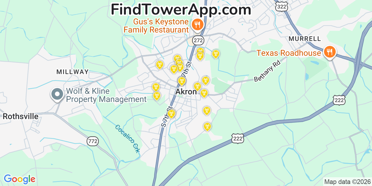 Map showing the 20 primary cell tower locations detected in Akron, Pennsylvania from AT&T, Verizon, and T-Mobile networks