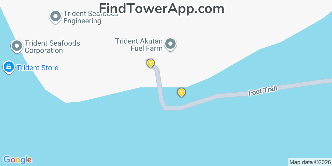 Map showing the 20 primary cell tower locations detected in Akutan, Alaska from AT&T, Verizon, and T-Mobile networks