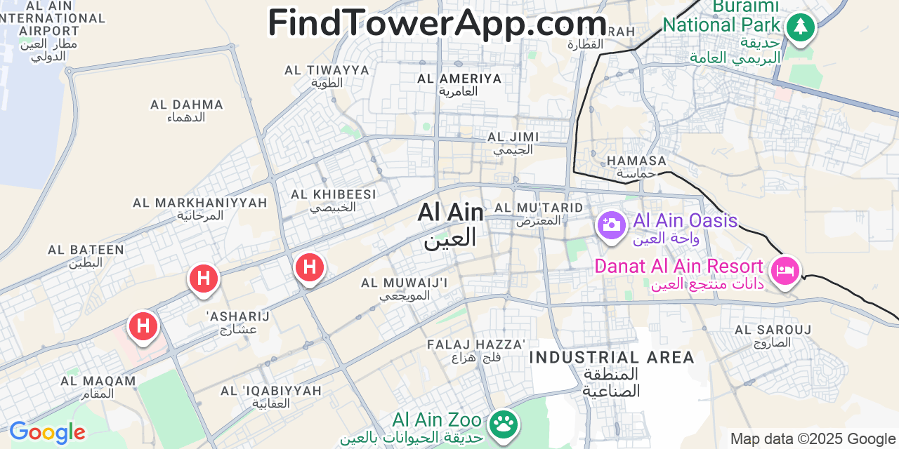 Map showing the 0 primary Etisalat cell tower locations detected in Al Ain, United Arab Emirates with coverage radius and signal strength indicators