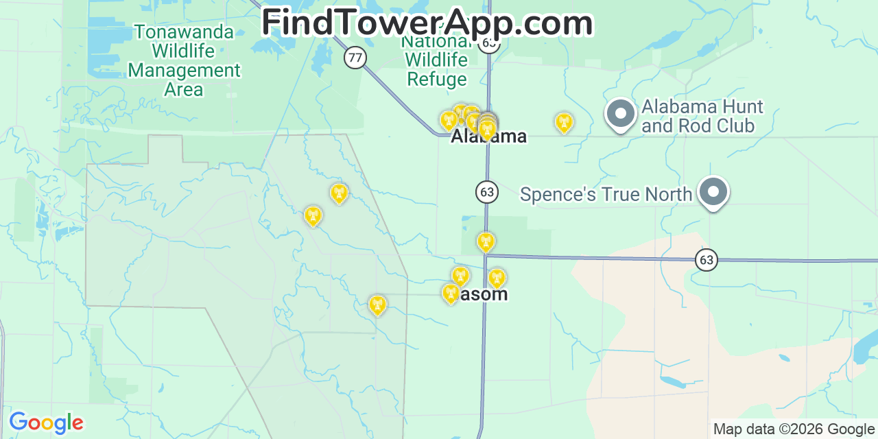 Map showing the 20 primary cell tower locations detected in Alabama, New York from AT&T, Verizon, and T-Mobile networks