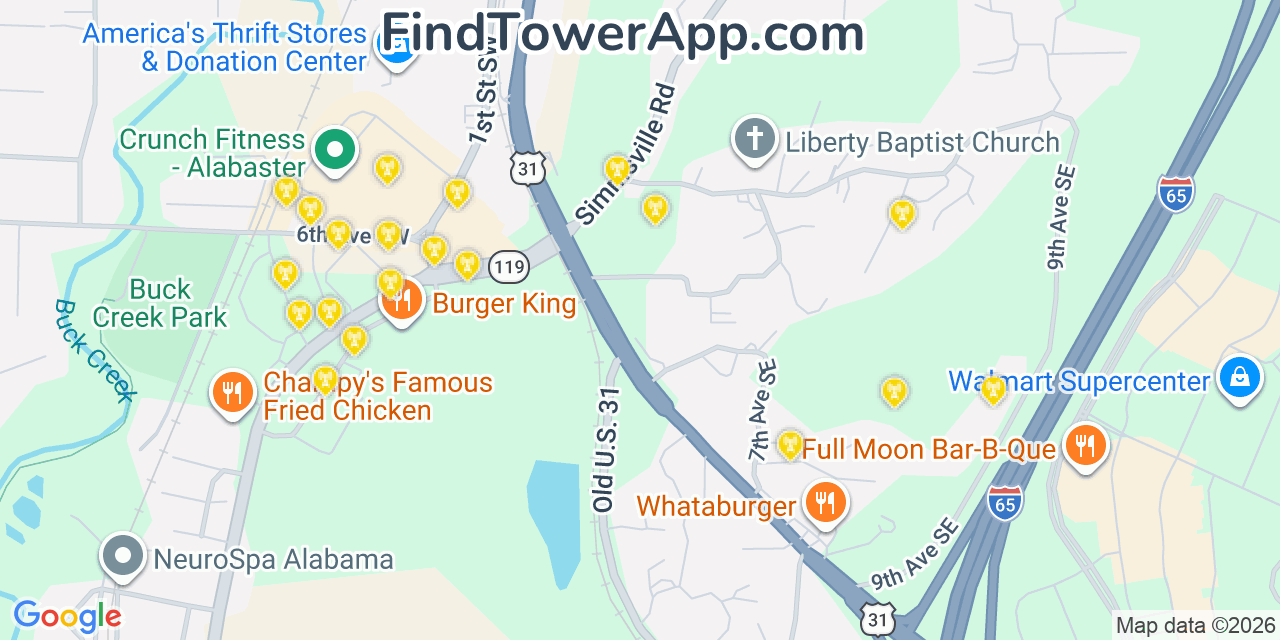 Map showing the 20 primary cell tower locations detected in Alabaster, Alabama from AT&T, Verizon, and T-Mobile networks
