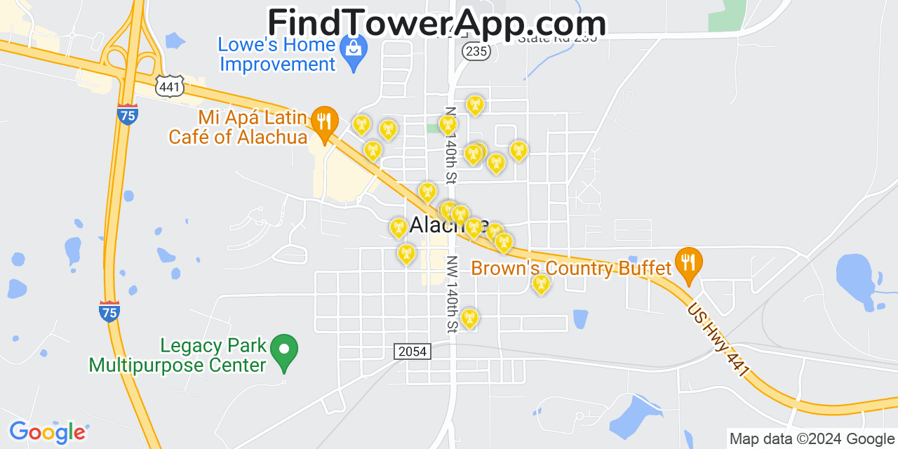 AT&T 4G/5G cell tower coverage map Alachua, Florida