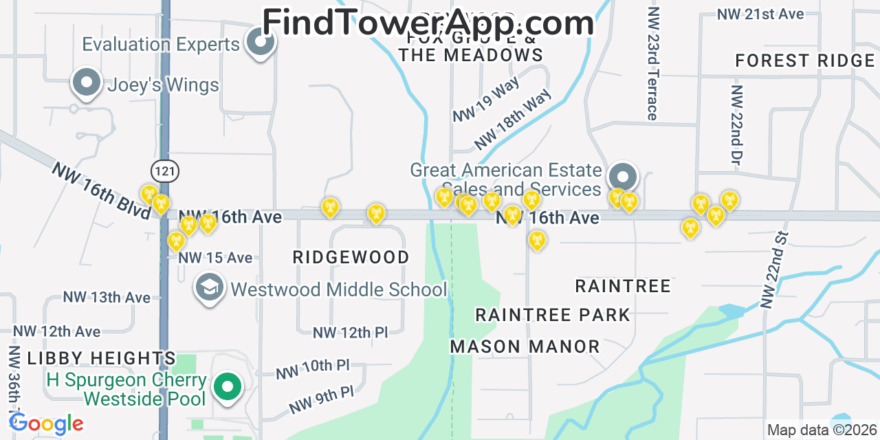 Map showing the 20 primary cell tower locations detected in Alachua, Florida from AT&T, Verizon, and T-Mobile networks