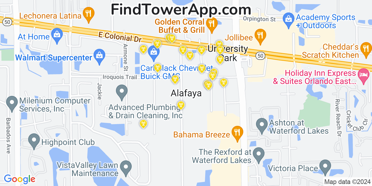 AT&T 4G/5G cell tower coverage map Alafaya, Florida