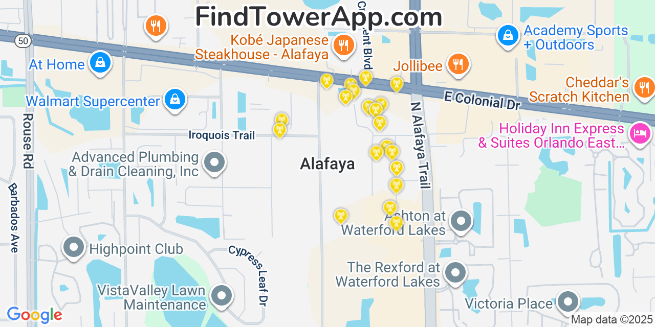 Map showing the 20 primary cell tower locations detected in Alafaya, Florida from AT&T, Verizon, and T-Mobile networks