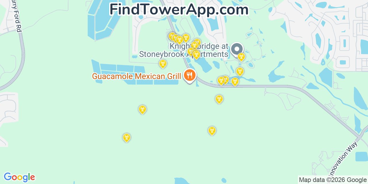 Map showing the 20 primary cell tower locations detected in Alafaya, Florida from AT&T, Verizon, and T-Mobile networks