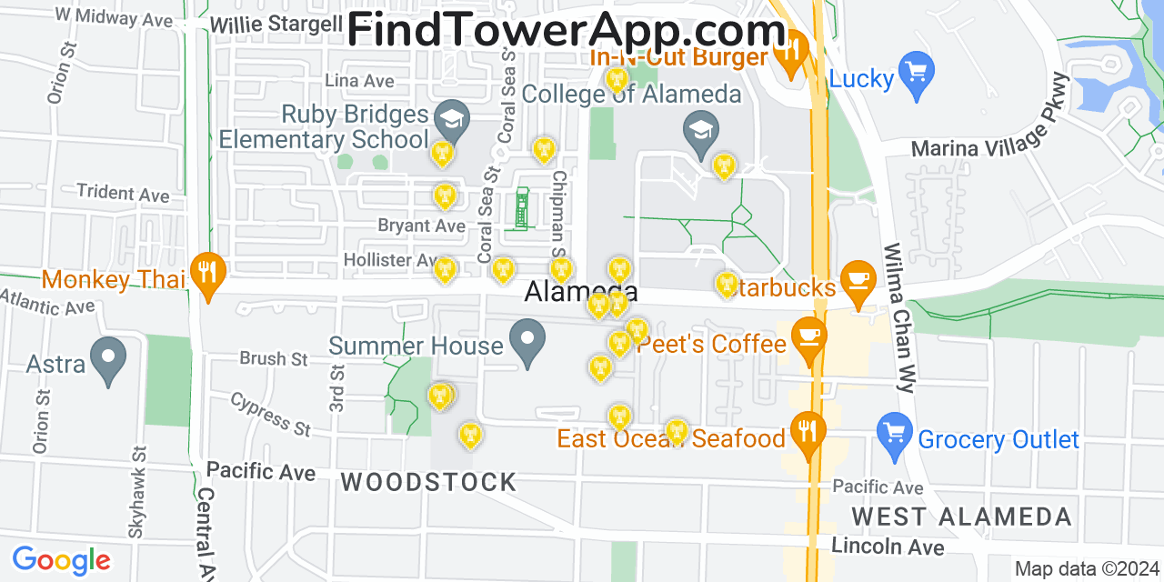 AT&T 4G/5G cell tower coverage map Alameda, California