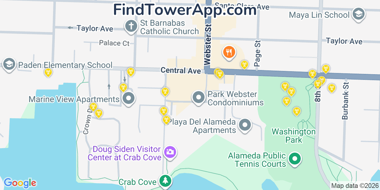 Map showing the 20 primary cell tower locations detected in Alameda, California from AT&T, Verizon, and T-Mobile networks