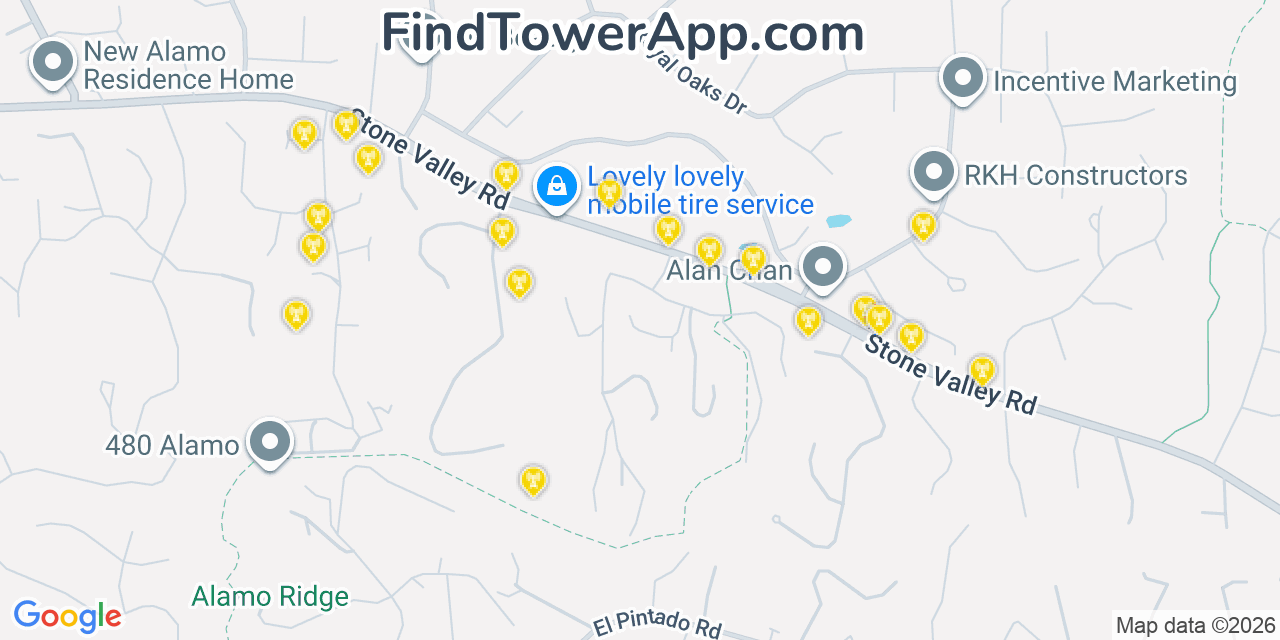 Map showing the 20 primary cell tower locations detected in Alamo, California from AT&T, Verizon, and T-Mobile networks