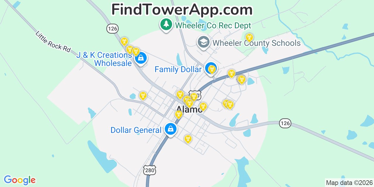 Map showing the 20 primary cell tower locations detected in Alamo, Georgia from AT&T, Verizon, and T-Mobile networks