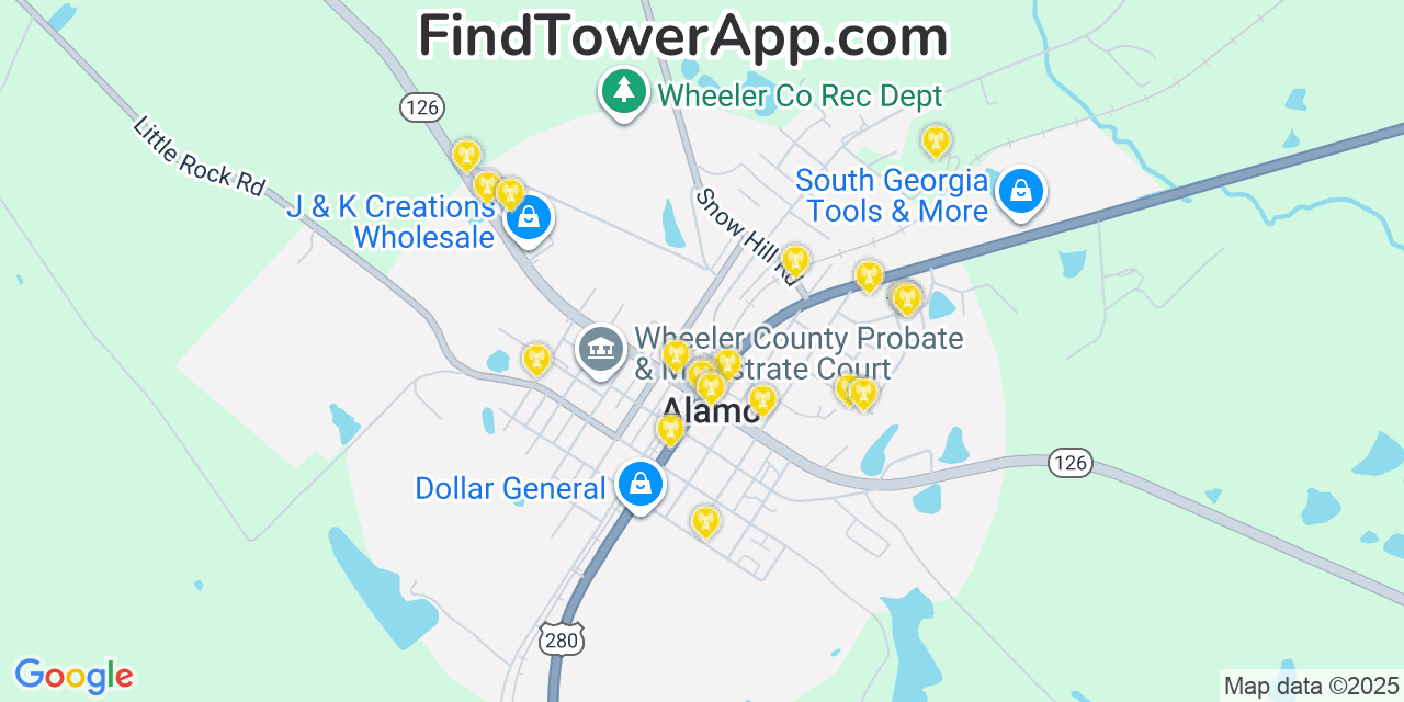 Map showing the 20 primary Mobitel cell tower locations detected in Alamo, Georgia with coverage radius and signal strength indicators