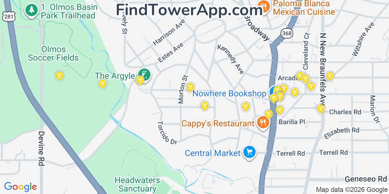 Map showing the 20 primary cell tower locations detected in Alamo Heights, Texas from AT&T, Verizon, and T-Mobile networks