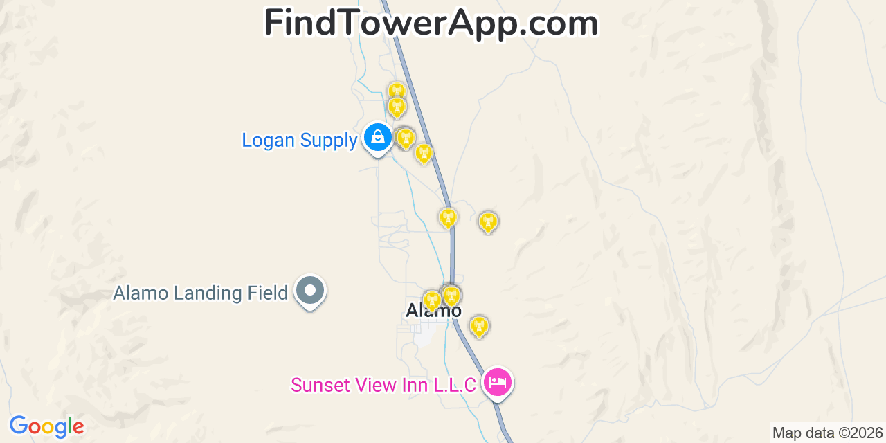 Map showing the 20 primary cell tower locations detected in Alamo, Nevada from AT&T, Verizon, and T-Mobile networks