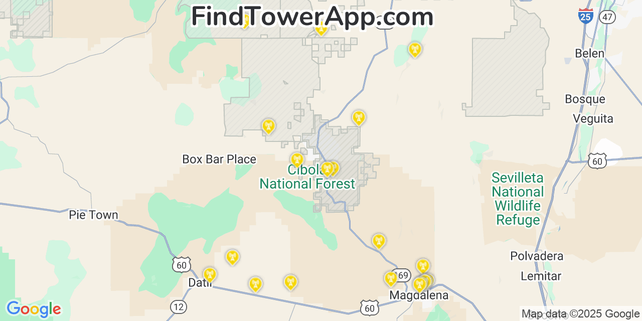 Map showing the 20 primary cell tower locations detected in Alamo, New Mexico from AT&T, Verizon, and T-Mobile networks