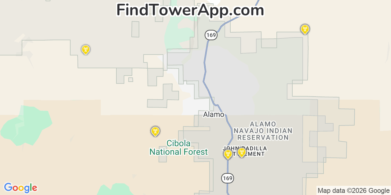 Map showing the 20 primary cell tower locations detected in Alamo, New Mexico from AT&T, Verizon, and T-Mobile networks