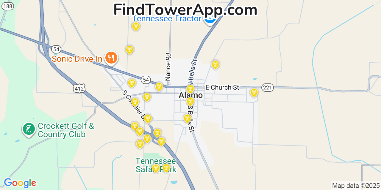 Map showing the 20 primary cell tower locations detected in Alamo, Tennessee from AT&T, Verizon, and T-Mobile networks