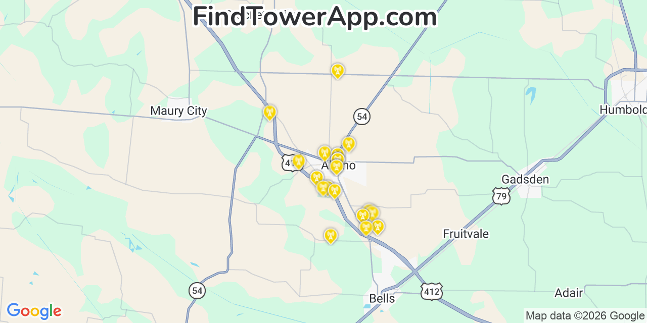 Map showing the 20 primary cell tower locations detected in Alamo, Tennessee from AT&T, Verizon, and T-Mobile networks