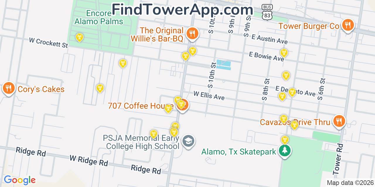 Map showing the 20 primary cell tower locations detected in Alamo, Texas from AT&T, Verizon, and T-Mobile networks