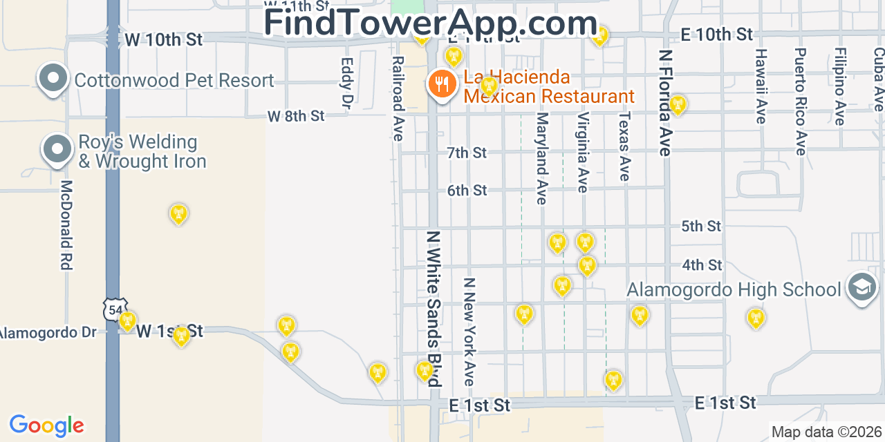 Map showing the 20 primary cell tower locations detected in Alamogordo, New Mexico from AT&T, Verizon, and T-Mobile networks