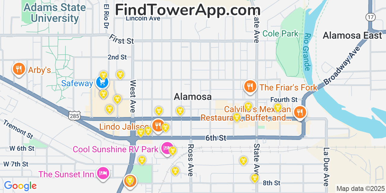 Map showing the 20 primary cell tower locations detected in Alamosa, Colorado from AT&T, Verizon, and T-Mobile networks