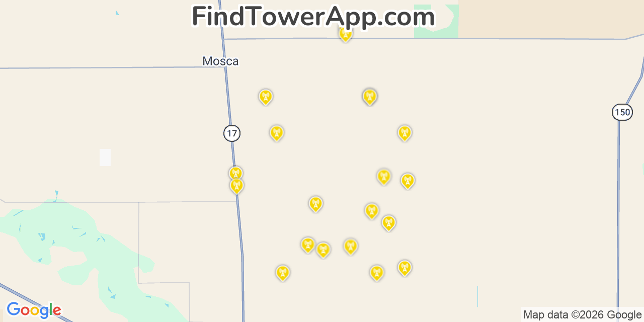 Map showing the 20 primary cell tower locations detected in Alamosa, Colorado from AT&T, Verizon, and T-Mobile networks