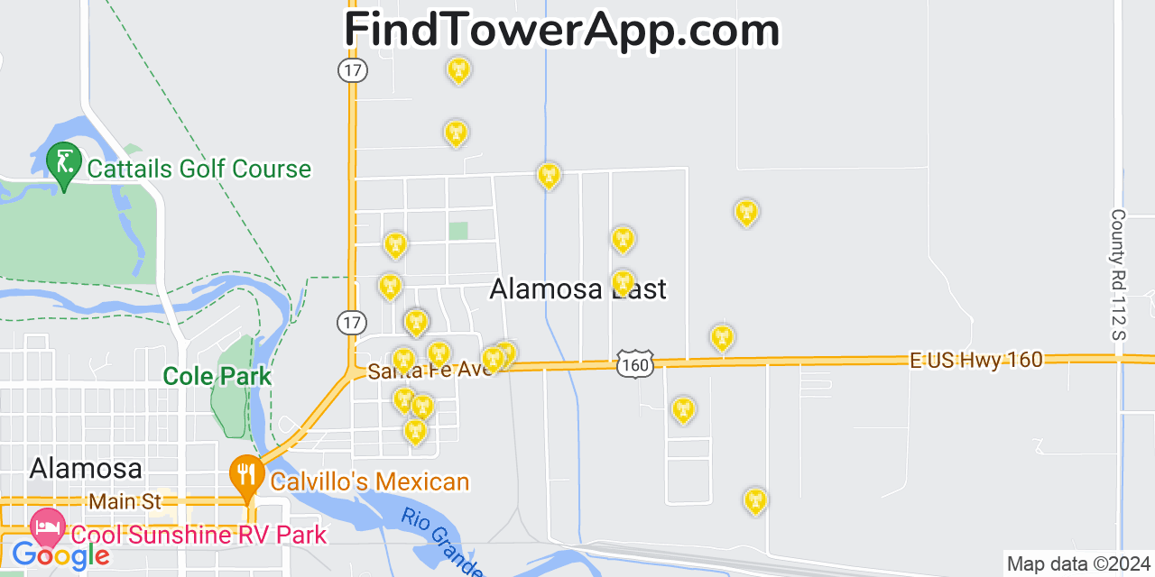AT&T 4G/5G cell tower coverage map Alamosa East, Colorado