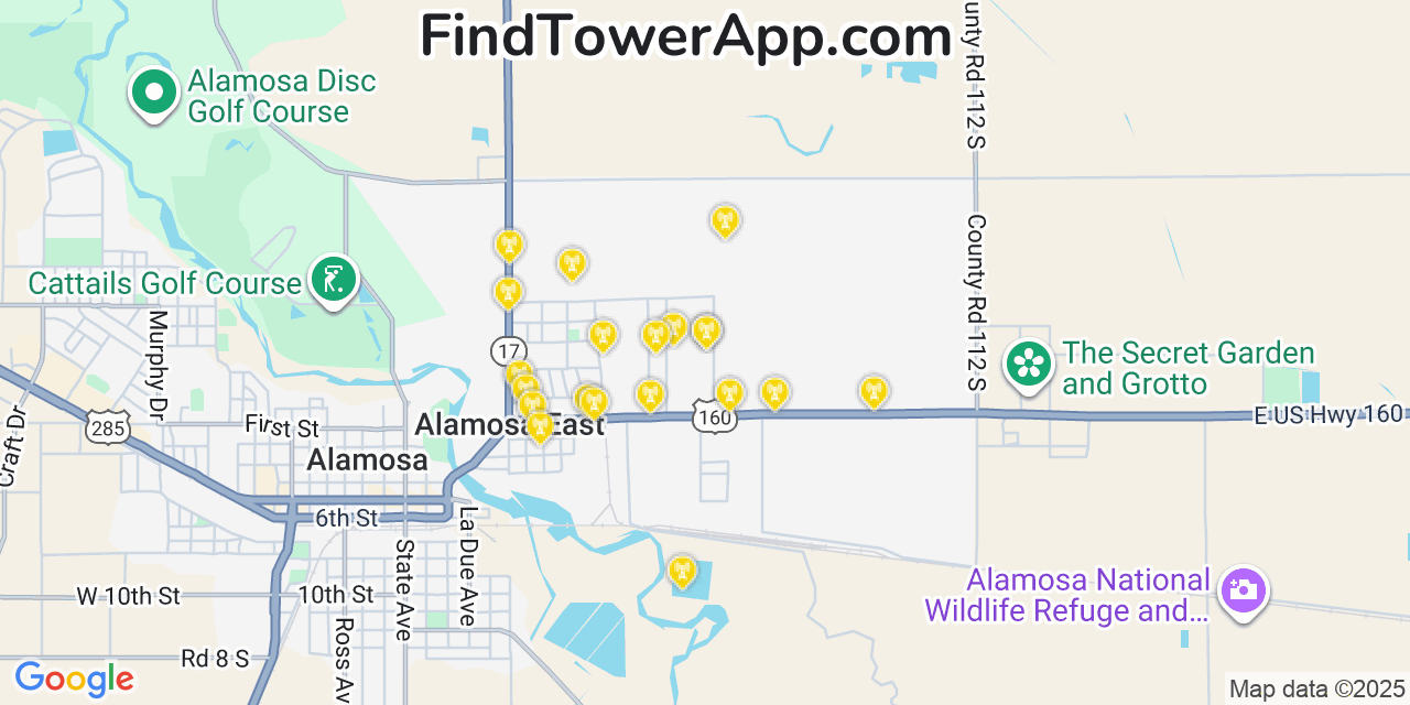 Map showing the 20 primary cell tower locations detected in Alamosa East, Colorado from AT&T, Verizon, and T-Mobile networks