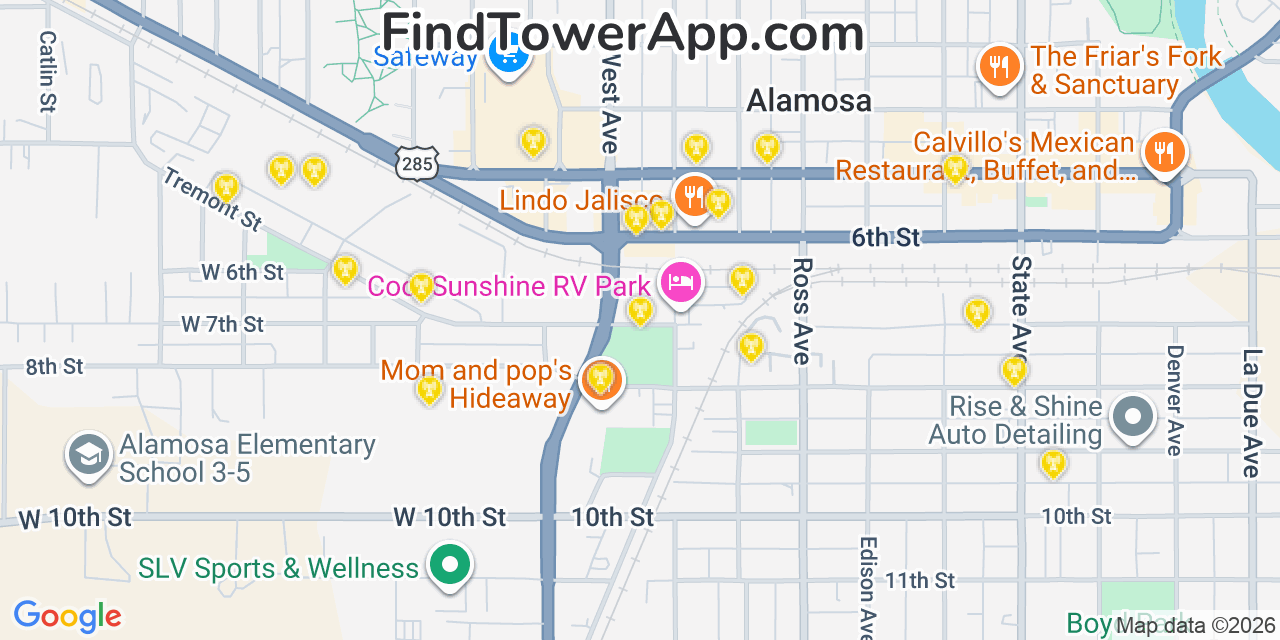Map showing the 20 primary cell tower locations detected in Alamosa East, Colorado from AT&T, Verizon, and T-Mobile networks