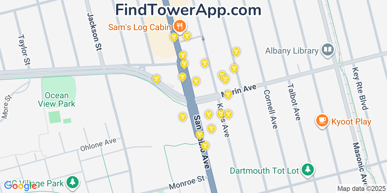 Map showing the 20 primary cell tower locations detected in Albany, California from AT&T, Verizon, and T-Mobile networks