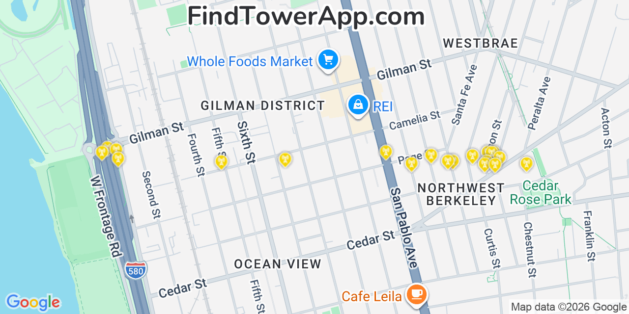 Map showing the 20 primary cell tower locations detected in Albany, California from AT&T, Verizon, and T-Mobile networks