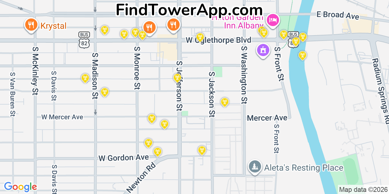 Map showing the 20 primary cell tower locations detected in Albany, Georgia from AT&T, Verizon, and T-Mobile networks