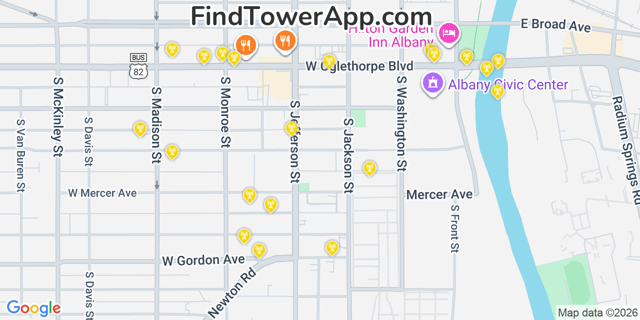 Map showing the 20 primary Mobitel cell tower locations detected in Albany, Georgia with coverage radius and signal strength indicators