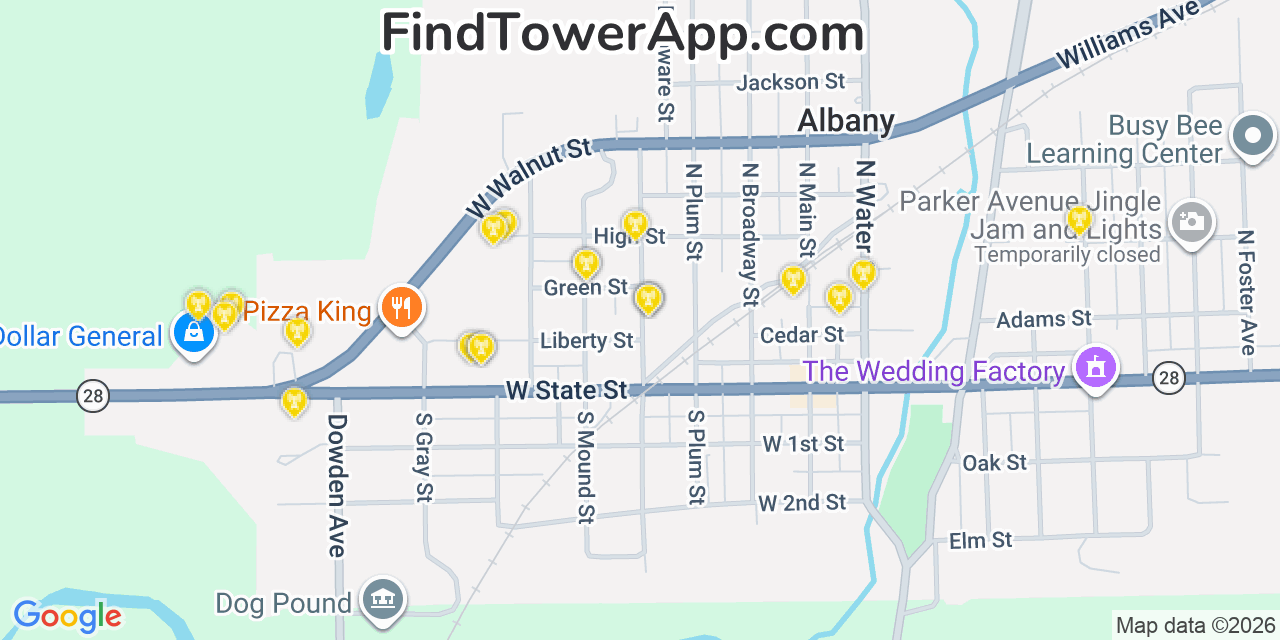 Map showing the 20 primary cell tower locations detected in Albany, Indiana from AT&T, Verizon, and T-Mobile networks