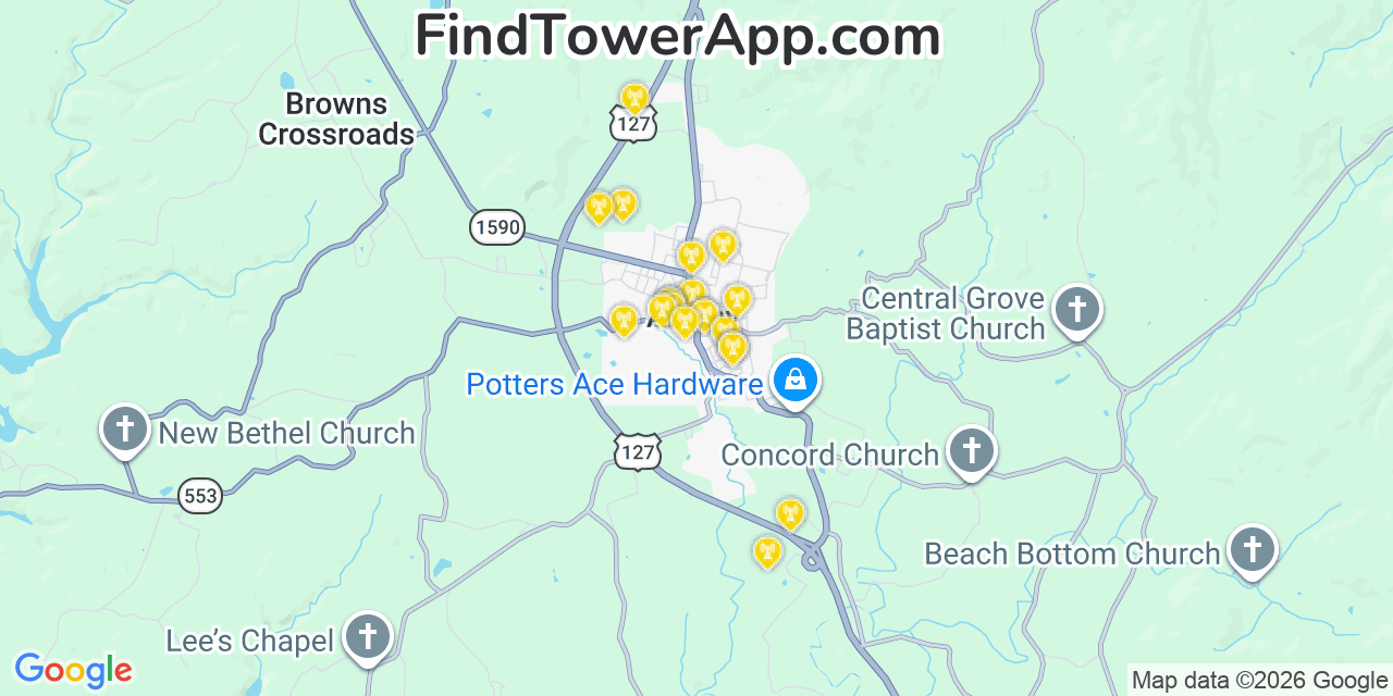 Map showing the 20 primary cell tower locations detected in Albany, Kentucky from AT&T, Verizon, and T-Mobile networks
