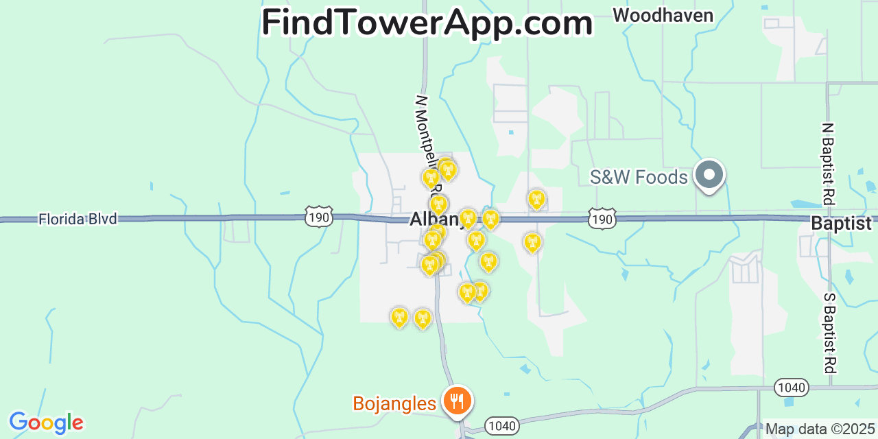 Map showing the 20 primary cell tower locations detected in Albany, Louisiana from AT&T, Verizon, and T-Mobile networks