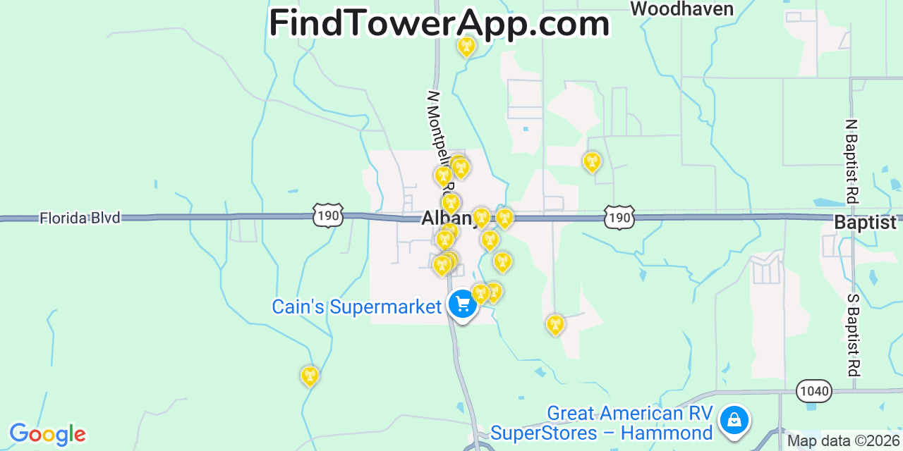 Map showing the 20 primary cell tower locations detected in Albany, Louisiana from AT&T, Verizon, and T-Mobile networks