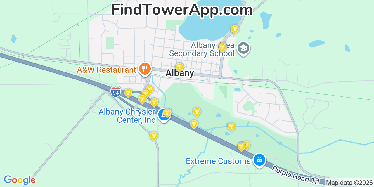 Map showing the 20 primary cell tower locations detected in Albany, Minnesota from AT&T, Verizon, and T-Mobile networks
