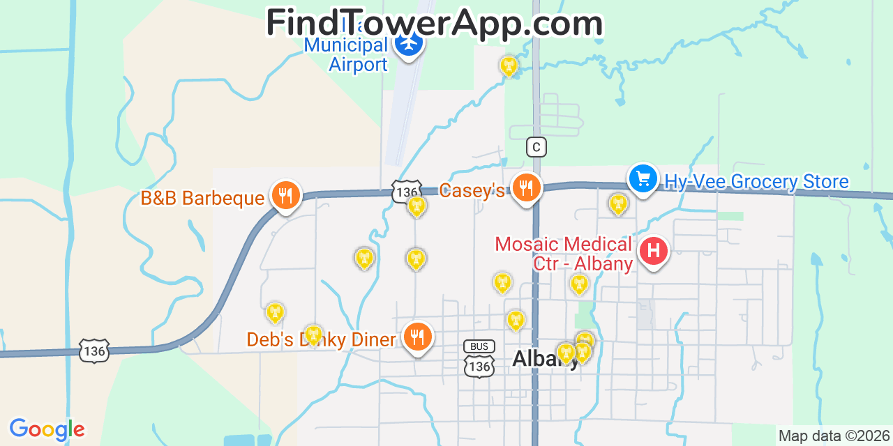 Map showing the 20 primary cell tower locations detected in Albany, Missouri from AT&T, Verizon, and T-Mobile networks