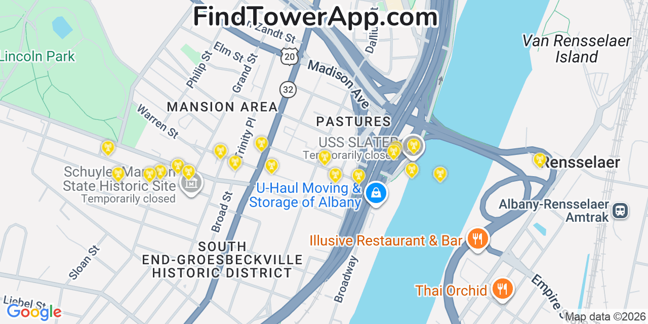 Map showing the 20 primary cell tower locations detected in Albany, New York from AT&T, Verizon, and T-Mobile networks