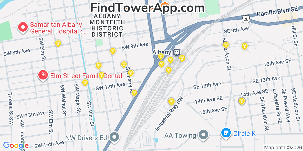 Map showing the 20 primary cell tower locations detected in Albany, Oregon from AT&T, Verizon, and T-Mobile networks