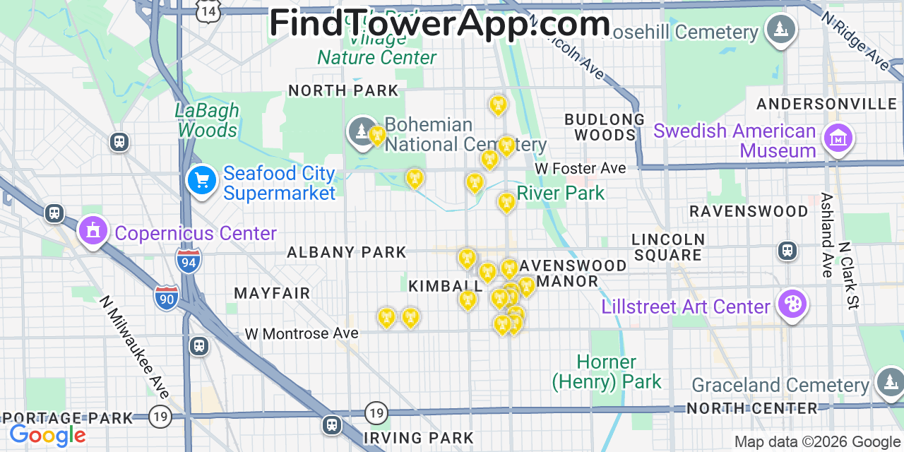 Map showing the 20 primary cell tower locations detected in Albany Park, Illinois from AT&T, Verizon, and T-Mobile networks