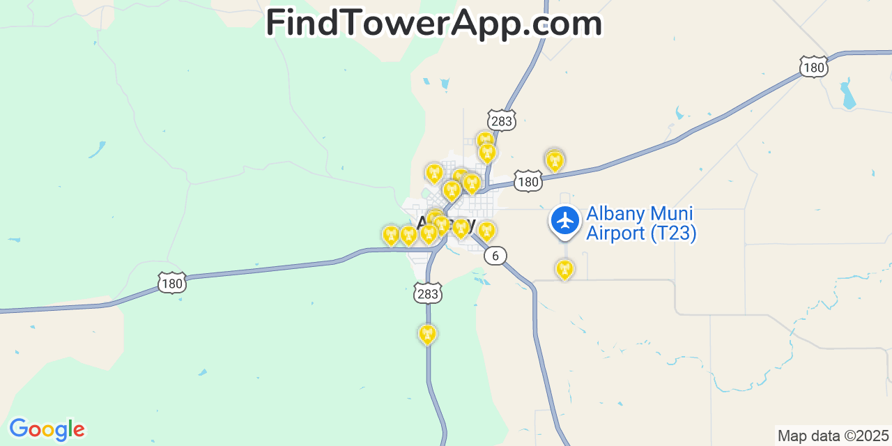 Map showing the 20 primary cell tower locations detected in Albany, Texas from AT&T, Verizon, and T-Mobile networks