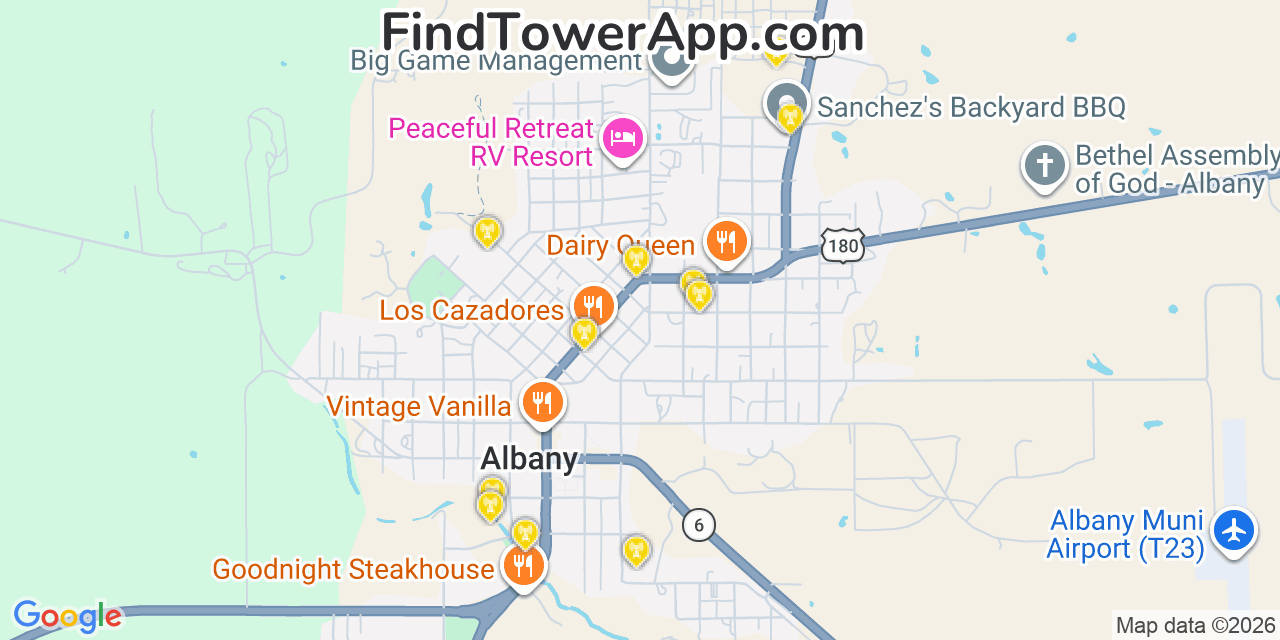 Map showing the 20 primary cell tower locations detected in Albany, Texas from AT&T, Verizon, and T-Mobile networks