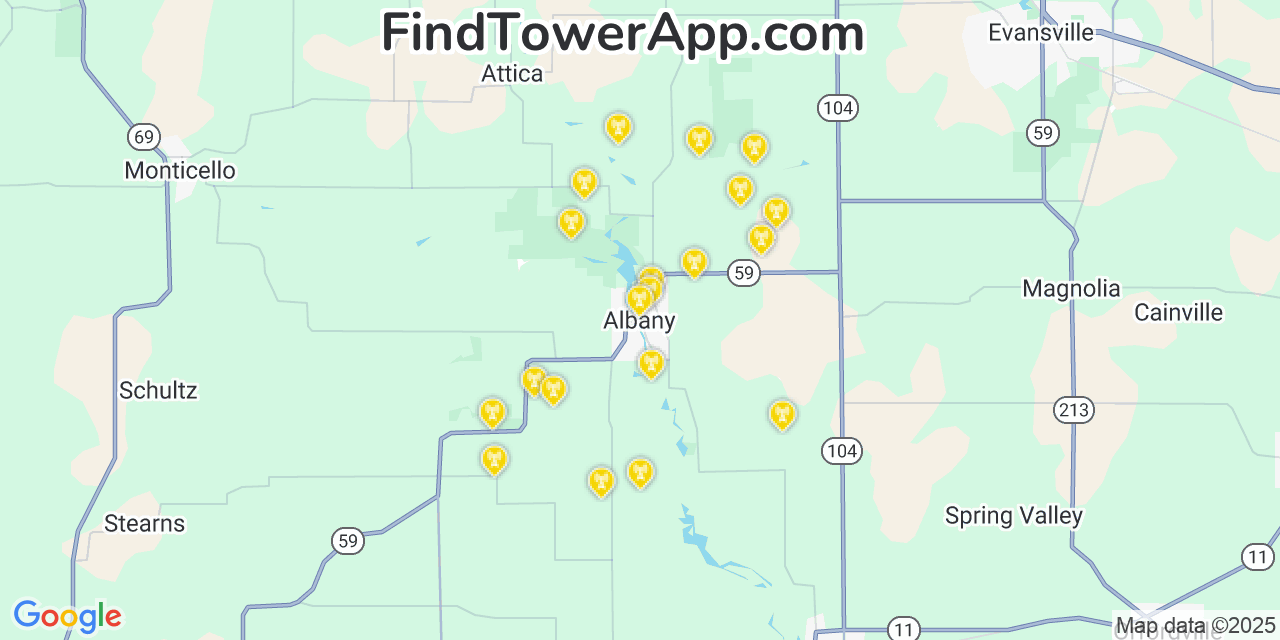 Map showing the 20 primary cell tower locations detected in Albany, Wisconsin from AT&T, Verizon, and T-Mobile networks