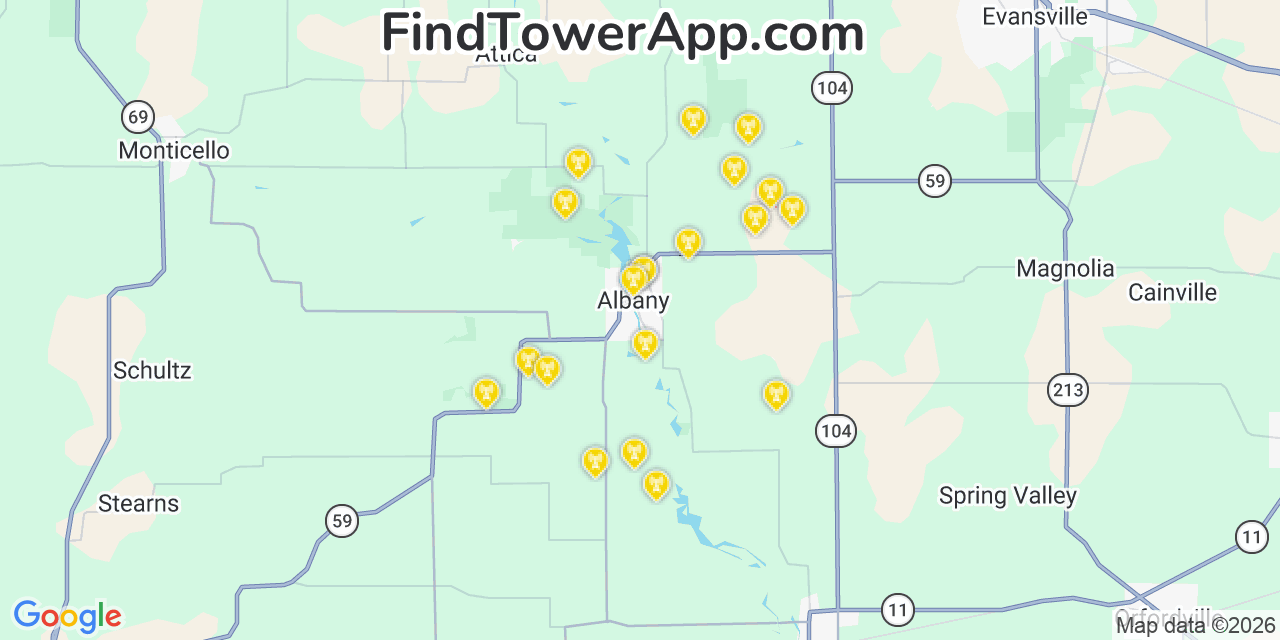 Map showing the 20 primary cell tower locations detected in Albany, Wisconsin from AT&T, Verizon, and T-Mobile networks