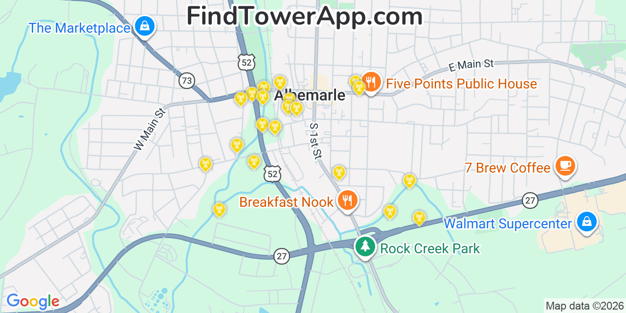 Map showing the 20 primary cell tower locations detected in Albemarle, North Carolina from AT&T, Verizon, and T-Mobile networks