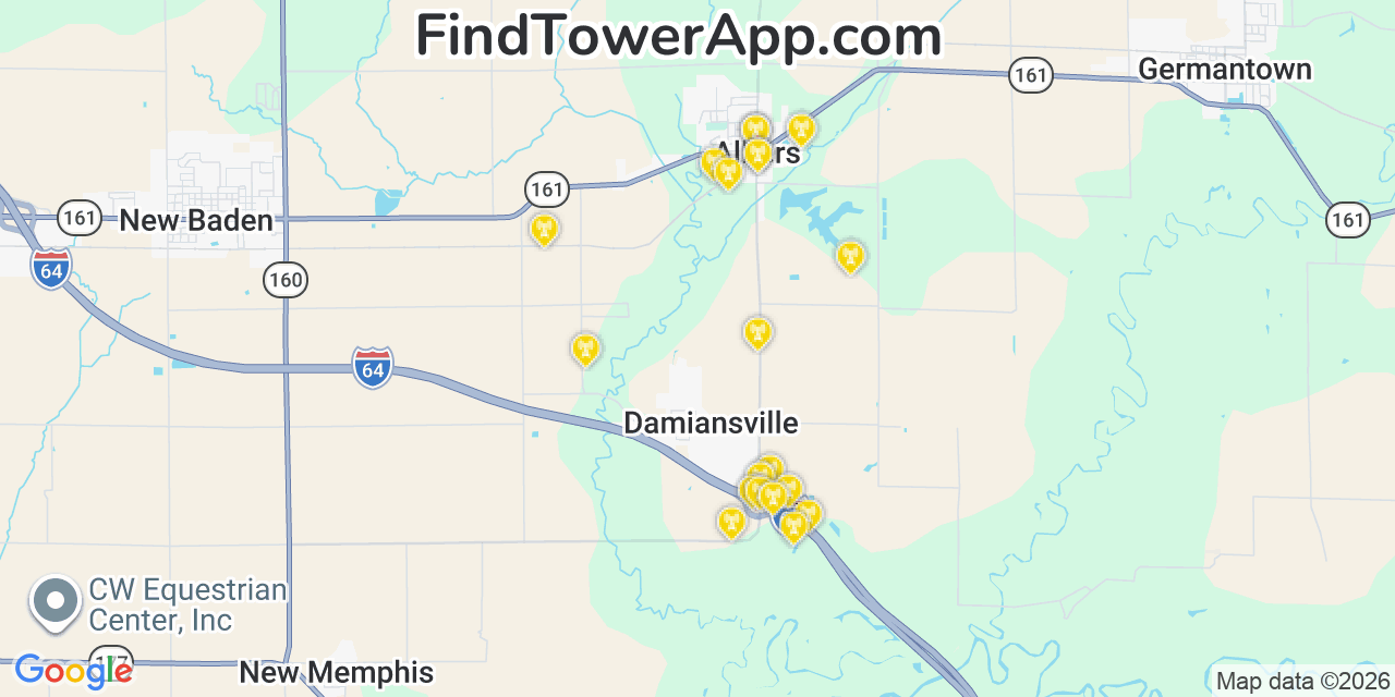Map showing the 20 primary cell tower locations detected in Albers, Illinois from AT&T, Verizon, and T-Mobile networks