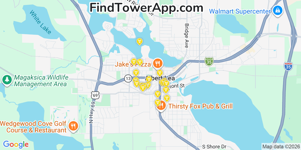 Map showing the 20 primary cell tower locations detected in Albert Lea, Minnesota from AT&T, Verizon, and T-Mobile networks